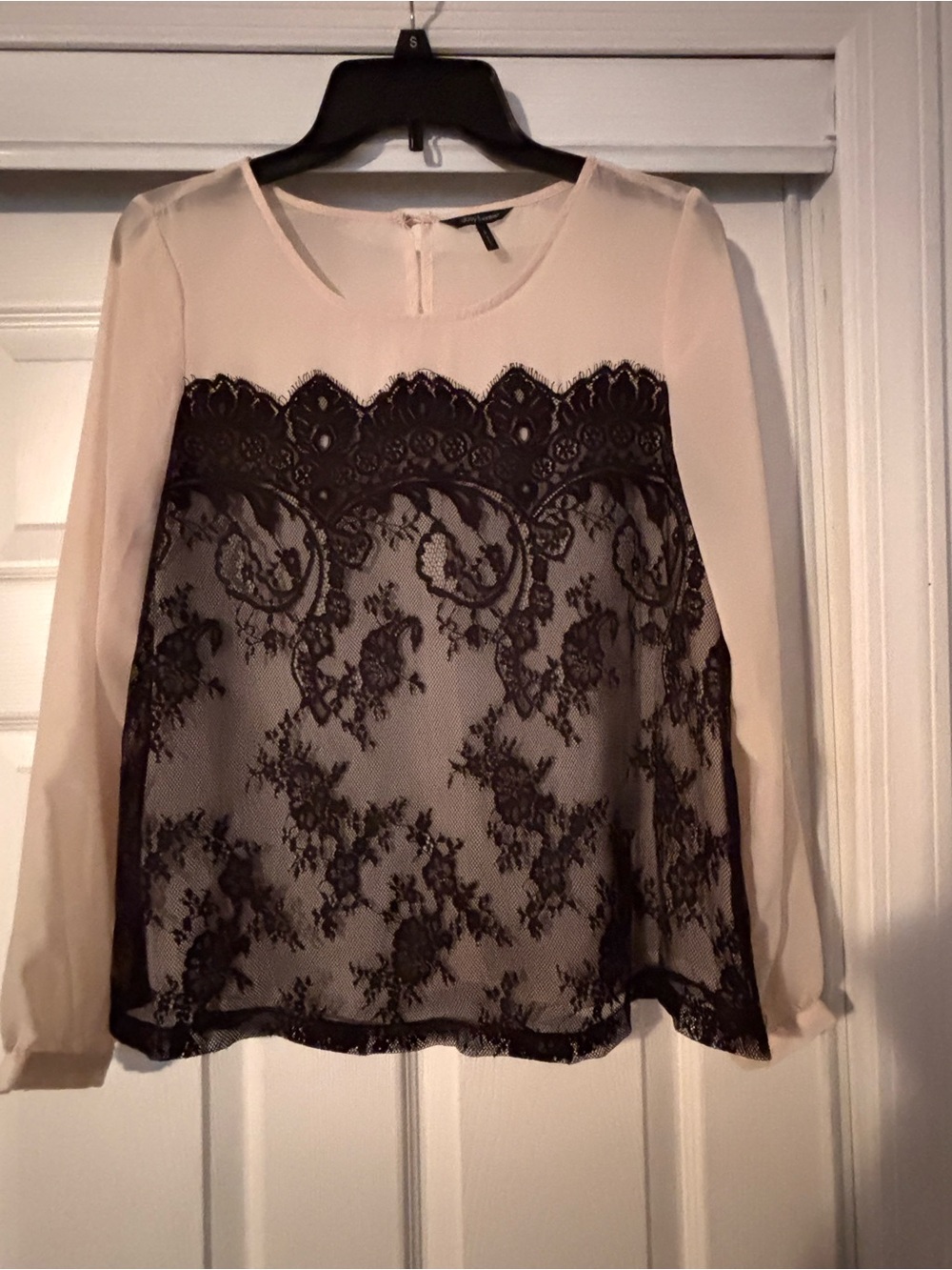 Daisy Fuentes Beige sheer Top with Black Lace Overlay